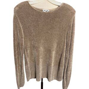 CLIO Sweater Knit Size Small Tan Crew Neck Long Sleeve Boho Chic Flaw